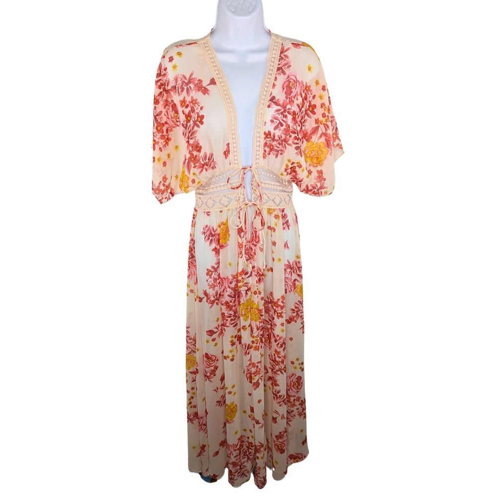 Aakaa Kimono Womens Small Swim Cover Up Pink Floral Boho Maxi Resortwear Crochet